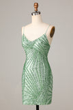 Club Chic Sheath Spaghetti Straps Gröna paljetter Kort Homecoming Klänning med Criss Cross Back