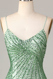 Club Chic Sheath Spaghetti Straps Gröna paljetter Kort Homecoming Klänning med Criss Cross Back