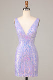 Lost In Your Eyes Bodycon V-ringning Lila Paljetter Kort Homecoming Klänning