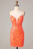 Sparkle 'til Dawn Bodycon Spaghetti Straps Orange Paljetter Kort Homecoming Klänning
