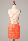 Sparkle 'til Dawn Bodycon Spaghetti Straps Orange Paljetter Kort Homecoming Klänning
