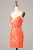 Sparkle 'til Dawn Bodycon Spaghetti Straps Orange Paljetter Kort Homecoming Klänning