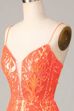 Sparkle 'til Dawn Bodycon Spaghetti Straps Orange Paljetter Kort Homecoming Klänning