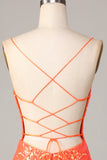 Sparkle 'til Dawn Bodycon Spaghetti Straps Orange Paljetter Kort Homecoming Klänning