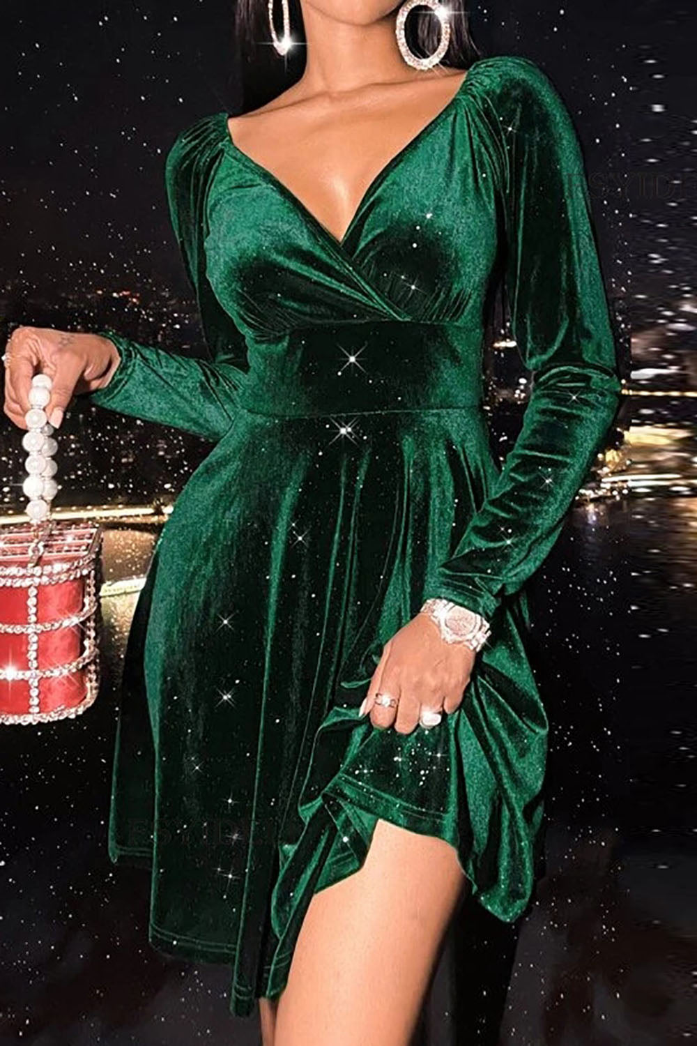 V-ringning Grön Sammet Julklänning