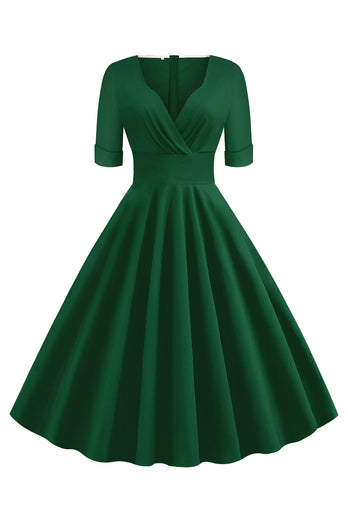 Grön V-ringning Kort Ärm 50 Tals klänning