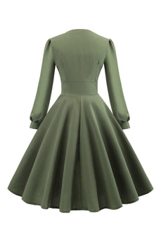 Grön V-ringning Lång Ärm Vintage klänning