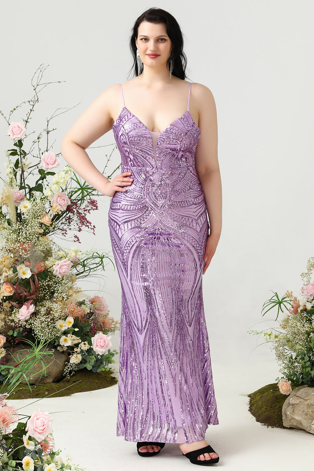 Ljuslila Paljetter Mantel Spaghetti Remmar Plus Size Balklänning