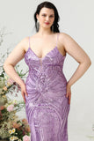 Ljuslila Paljetter Mantel Spaghetti Remmar Plus Size Balklänning