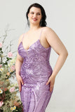 Ljuslila Paljetter Mantel Spaghetti Remmar Plus Size Balklänning
