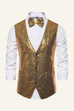 Sparkly Golden Lapel Paljetter herrväst med fluga