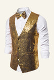 Sparkly Golden Lapel Paljetter herrväst med fluga