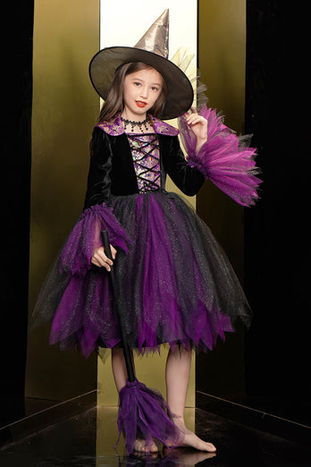 Glittrande svart och lila tyll Halloween Girl Dress