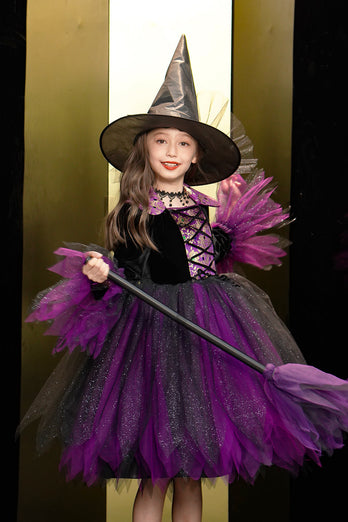 Glittrande svart och lila tyll Halloween Girl Dress