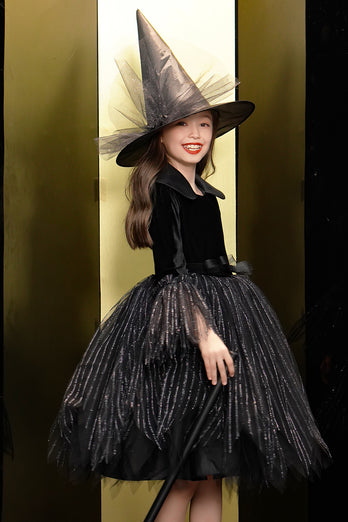 Glittrande svart sammet långa ärmar Halloween Girl Klänning