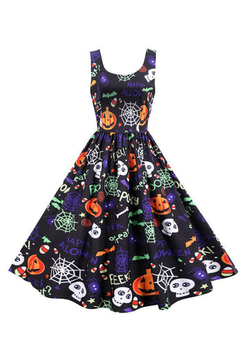 Ärmlös tryckt midja Halloween Vintage klänning