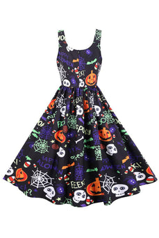 Ärmlös tryckt midja Halloween Vintage klänning