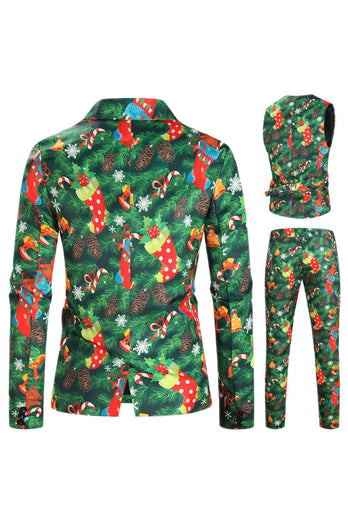 Grön Tryckt 3 Delad Notched Kavajslag Jul Kostymer för män