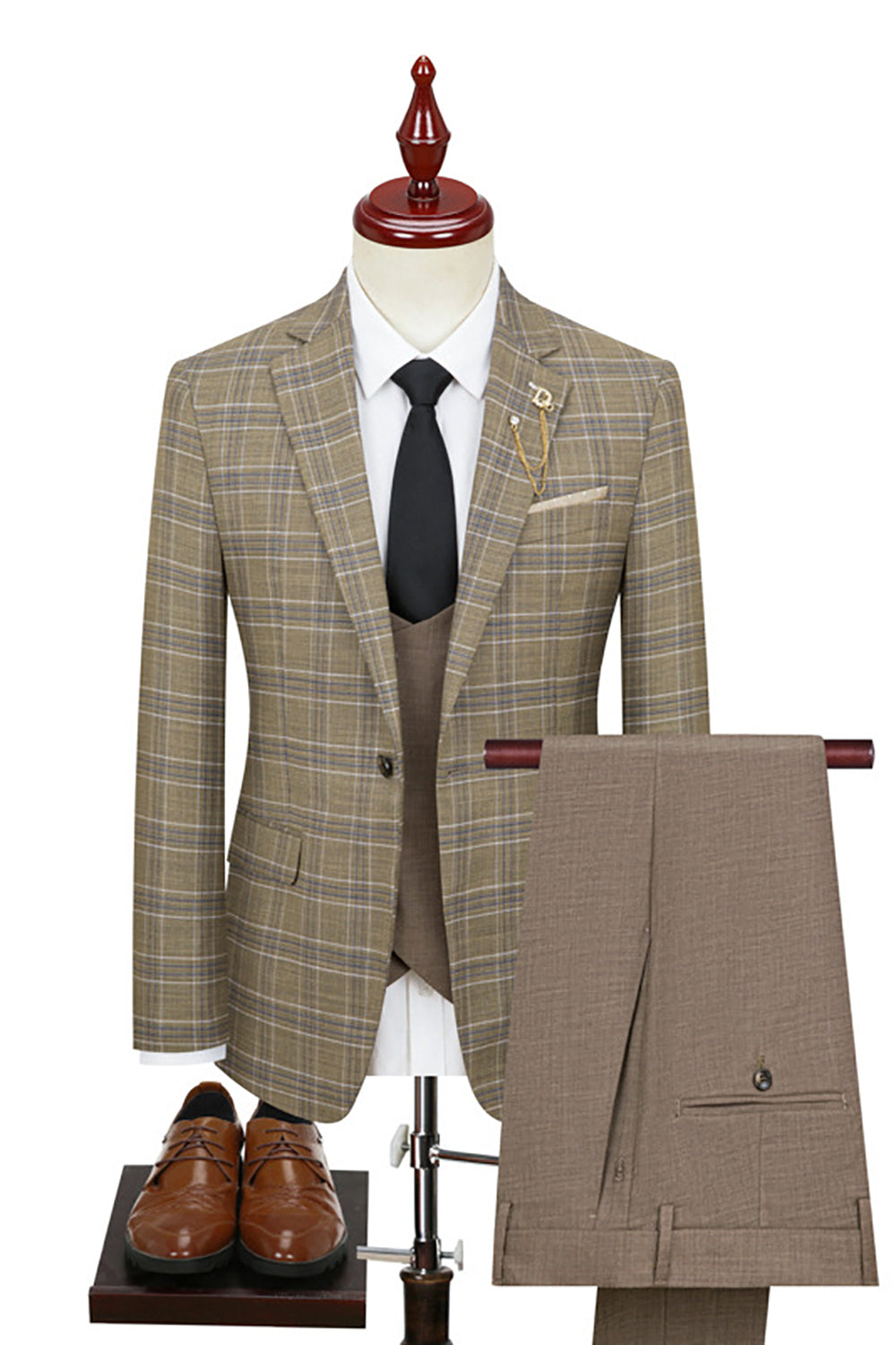 Khaki Plaid 3-delad Notched Kavajslag Män Kostymer