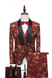Röd Jacquard Sjal Lapel 3 Stycken Kostym Herr