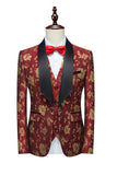Röd Jacquard Sjal Lapel 3 Stycken Kostym Herr