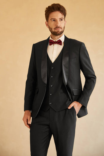 Svart 3-Delad Shawl Lapel Bröllopskostym Herr Tuxedo