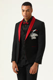 3 Piece Black Red Shawl Lapel Herrbaldräkter