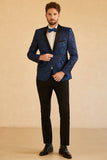 Blå Sjal Lapel Jacquard En Knapp Mäns Bal Kavaj