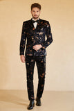 Svart 3-Delad Printed Double Breasted Peaked Lapel Kostym Herr