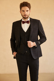 Svart 3-Delad Pläd En Knapp Notch Lapel Kostym Herr