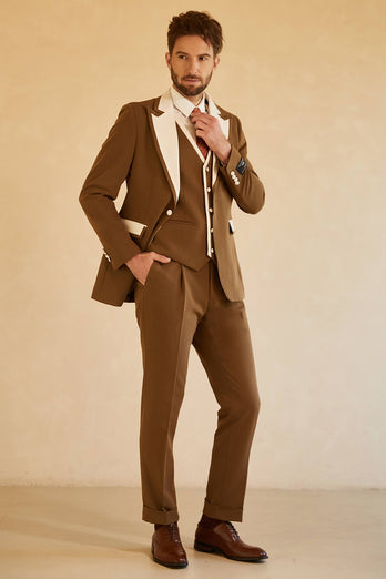Brun 3-Delad Peaked Lapel Färgblock Herr Tuxedo Kostym