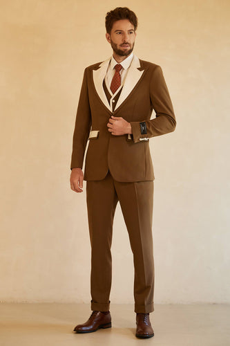 Brun 3-Delad Peaked Lapel Färgblock Herr Tuxedo Kostym