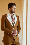 Brun 3-Delad Peaked Lapel Färgblock Herr Tuxedo Kostym