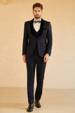 Marinblå 3-Delad En Knapp Shawl Lapel Bröllopskostym Herr Tuxedo