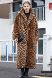 Brun leopardskårad lapel faux päls skjuvningsrock