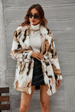 Vit och brun sjal Lapel Midi faux fur shearling coat
