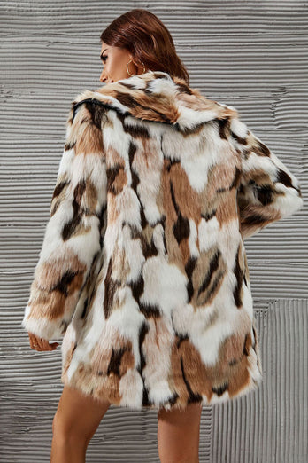 Vit och brun sjal Lapel Midi faux fur shearling coat