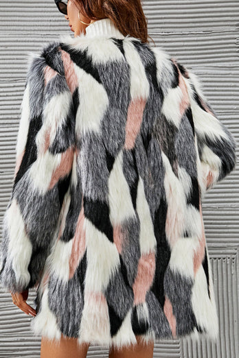 Vit och rosa sjal Lapel Midi Faux Fur Shearling Coat