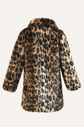 Brun leopard lapel hals Midi faux päls shearling coat