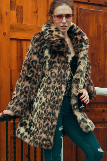 Brun leopard lapel hals Midi faux päls shearling coat