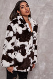 Vit ko mönster Midi Faux Fur Shearling Coat