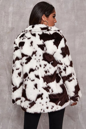 Vit ko mönster Midi Faux Fur Shearling Coat
