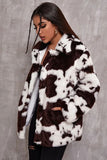 Vit ko mönster Midi Faux Fur Shearling Coat