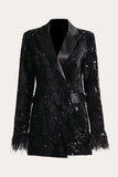 Glitter Svarta paljetter Kvinnor Prom Homecoming Blazer med fjädrar