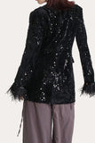 Glitter Svarta paljetter Kvinnor Prom Homecoming Blazer med fjädrar
