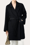 Svart hackad Lapel Midi Women Wool Coat med bälte