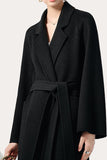 Svart hackad Lapel Midi Women Wool Coat med bälte