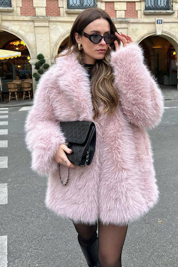 Rosa öppen front Shearling Faux Fur Long Shaggy Coat