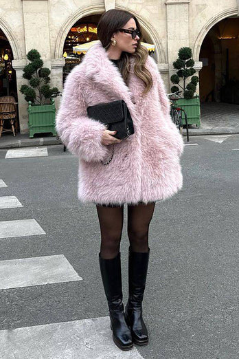 Rosa öppen front Shearling Faux Fur Long Shaggy Coat