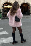 Rosa öppen front Shearling Faux Fur Long Shaggy Coat